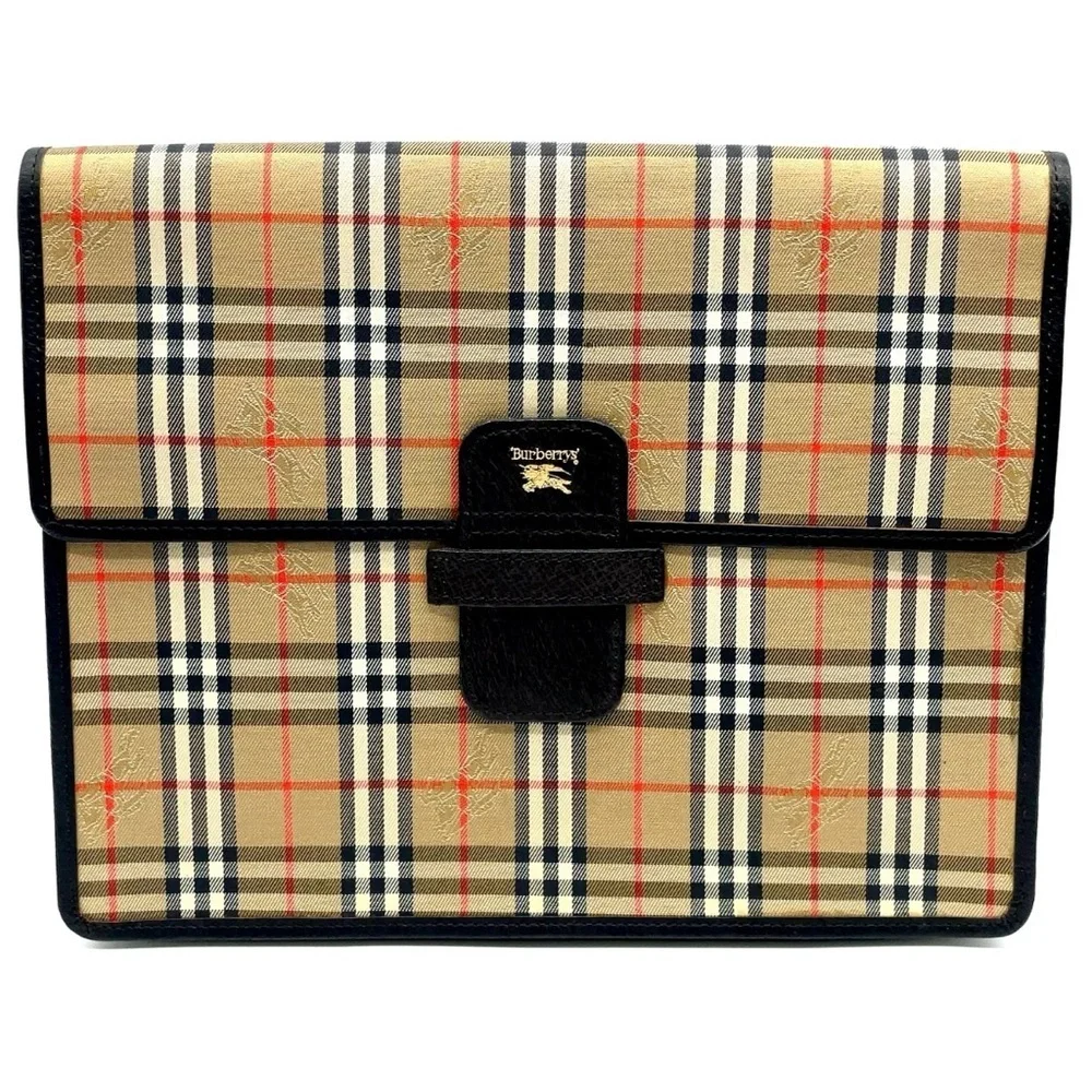 Auth Burberry Nova Check Shadow Horse Canvas Beige Clutch bag